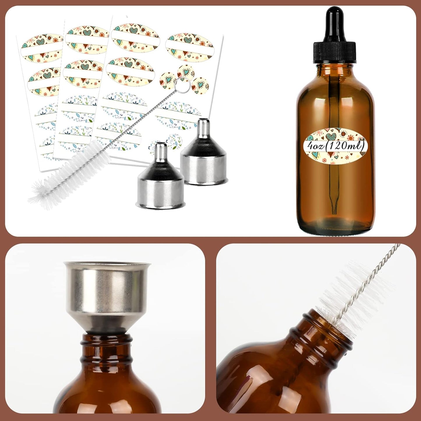 16 Pack (120 Ml) 4 Oz Amber Glass Boston Bottles with Glass Eye Droppers, Dropper Bottles for Essential Oils & Lab Chemicals & More Liquids Ideal for Mom & Friends