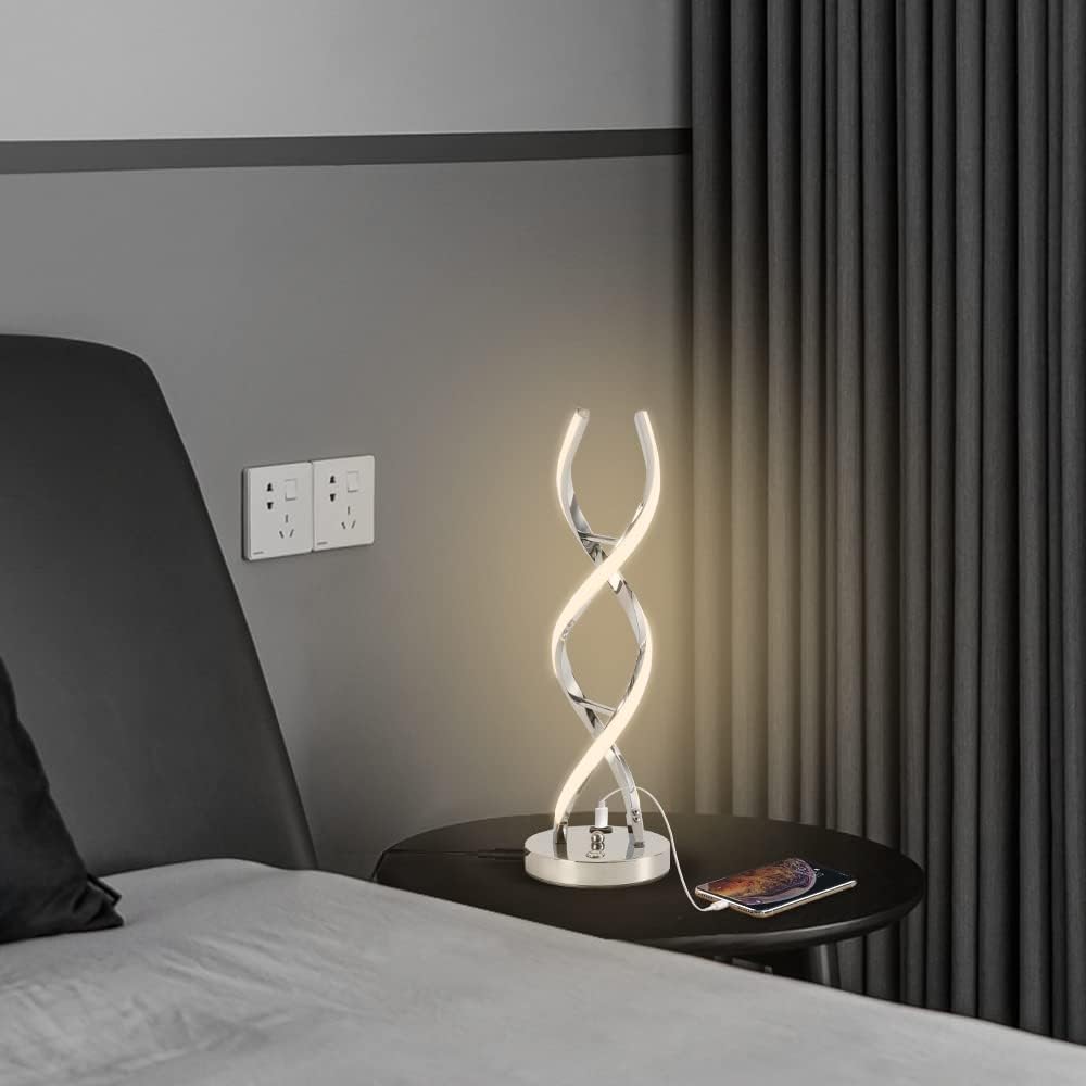 ✨ LED Modern Spiral Table Lamp – Stepless Dimmable Touch Control with 3 Color Modes & USB Charging Port