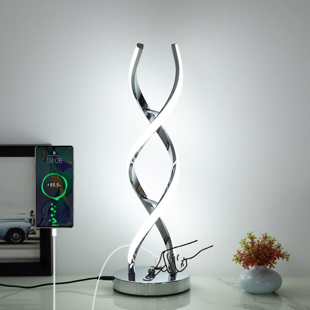 ✨ LED Modern Spiral Table Lamp – Stepless Dimmable Touch Control with 3 Color Modes & USB Charging Port