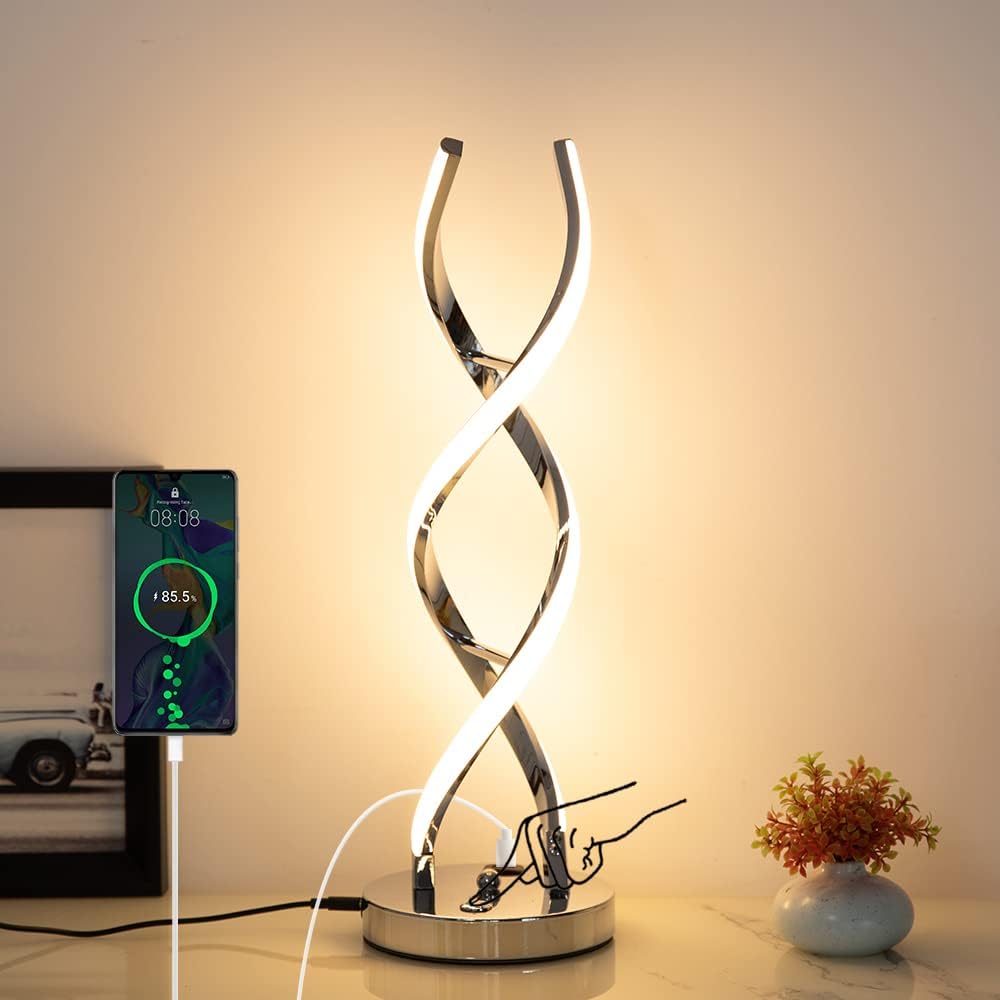 ✨ LED Modern Spiral Table Lamp – Stepless Dimmable Touch Control with 3 Color Modes & USB Charging Port