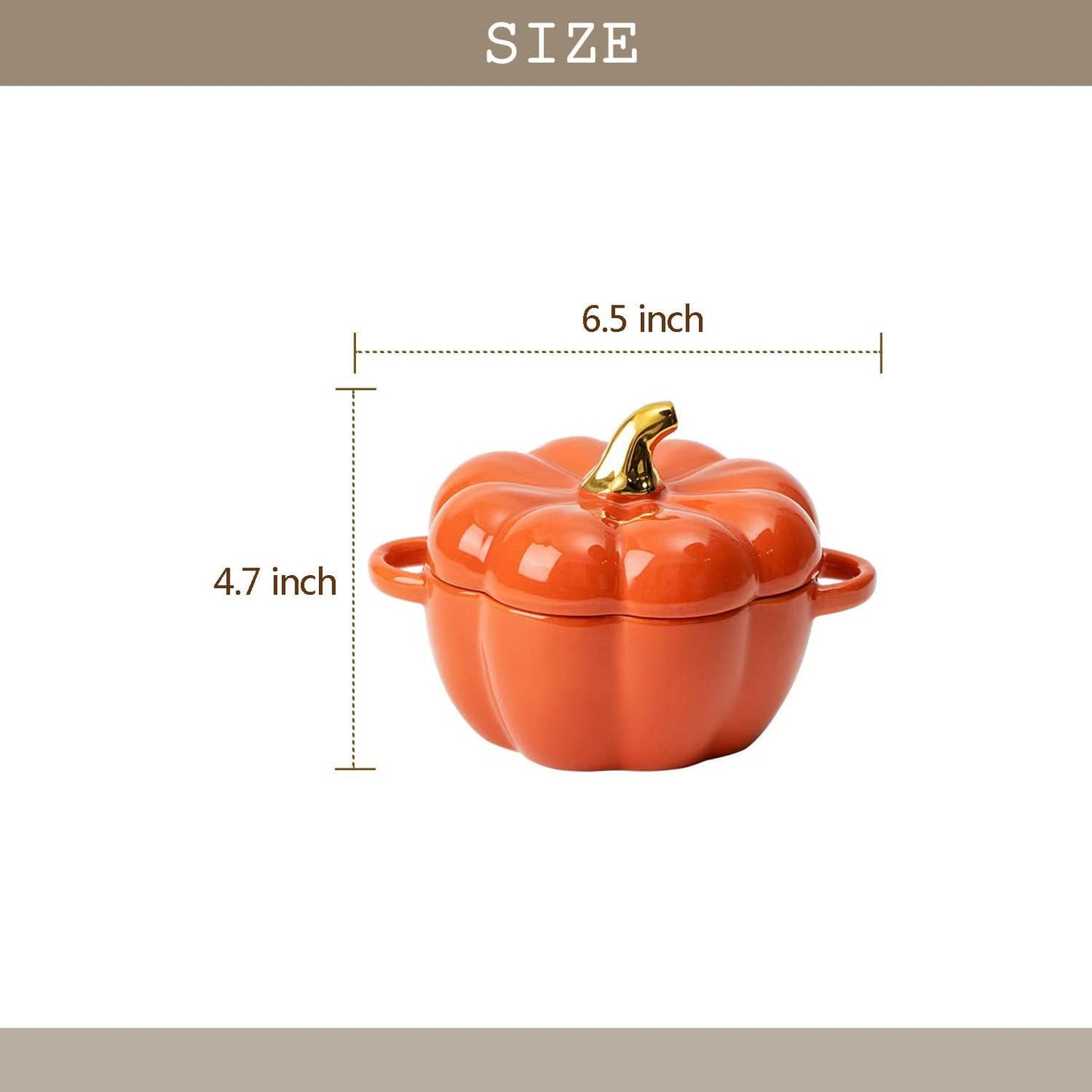Pumpkin Bowl Set with Lid and Handle, Set of 2 Ceramic Ramekins for Baking, Casserole Dish Individual Severing Pot, Stoneware, Oven Safe, 14 Oz (Orange)