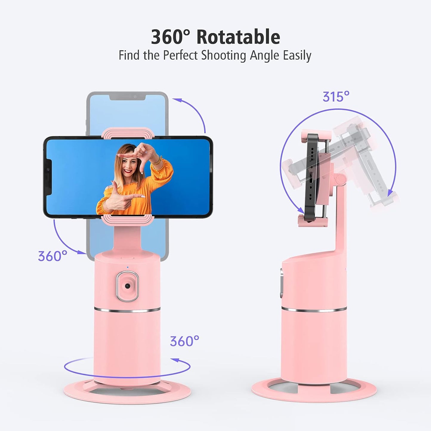 Auto Face Tracking Phone Holder | 360° Rotation Smart Shooting Tripod with Rechargeable Battery | No App Required | Live Streaming, Vlogging & Video Recording Mount (Pink)