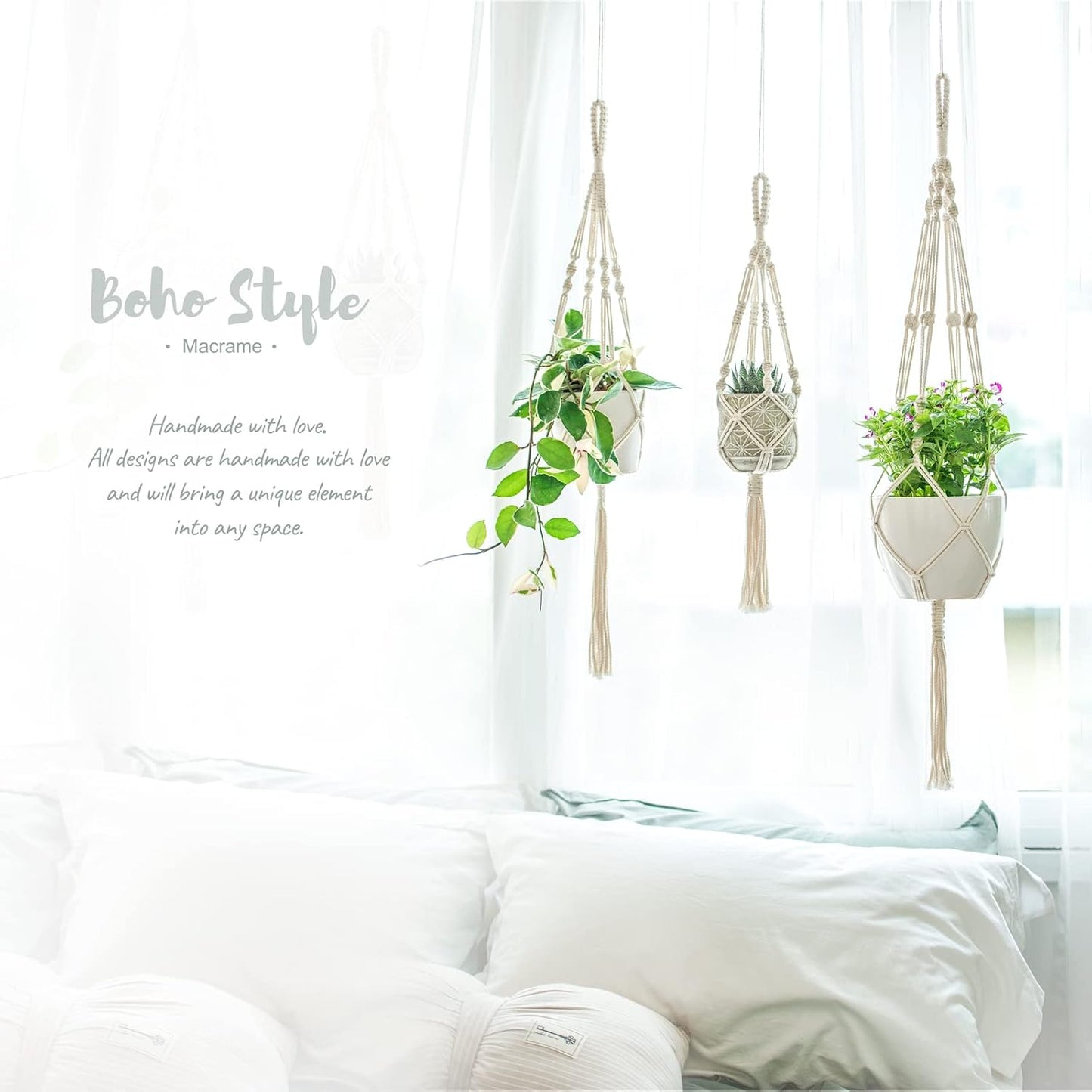 3 Pack Macrame Plant Hangers, Different Sizes Hanging Planters Indoor Basket Decorative Flower Pots Holder Stand Boho Home Decor, Ivory