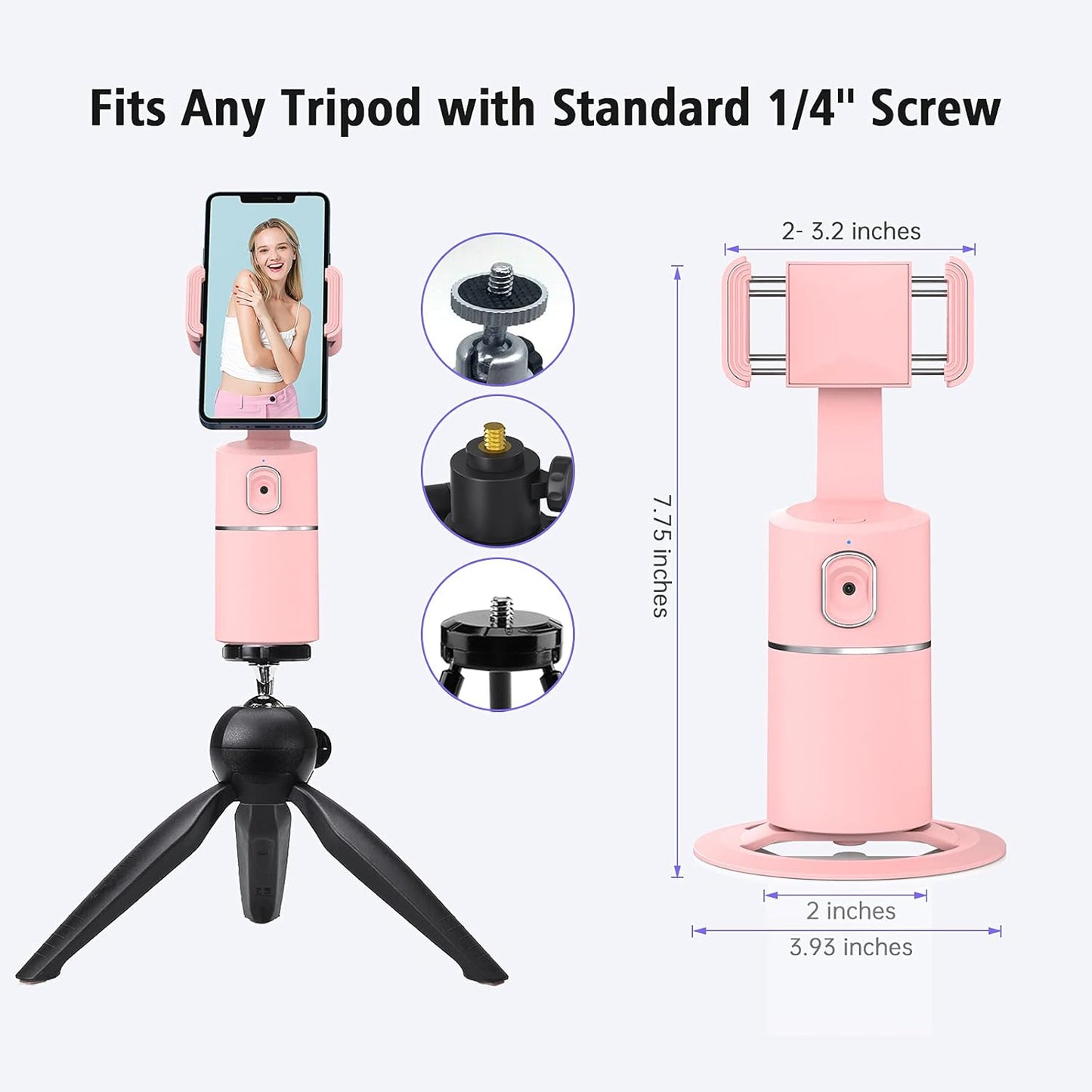 Auto Face Tracking Phone Holder | 360° Rotation Smart Shooting Tripod with Rechargeable Battery | No App Required | Live Streaming, Vlogging & Video Recording Mount (Pink)