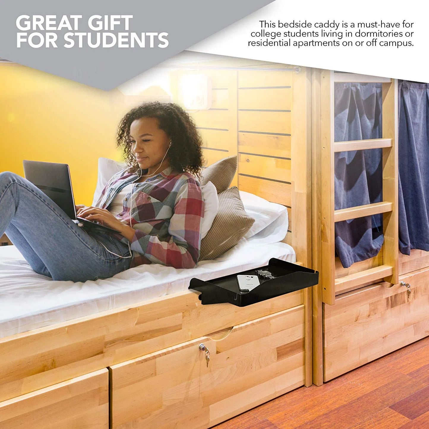 Bedside Shelf for Bed, College Dorm Room, Bunk Bed Shelf for Top Bunk, Clip on Nightstand Tray with Cord and Cup Holder, Bunkbed Caddy for Table Storage (Black)