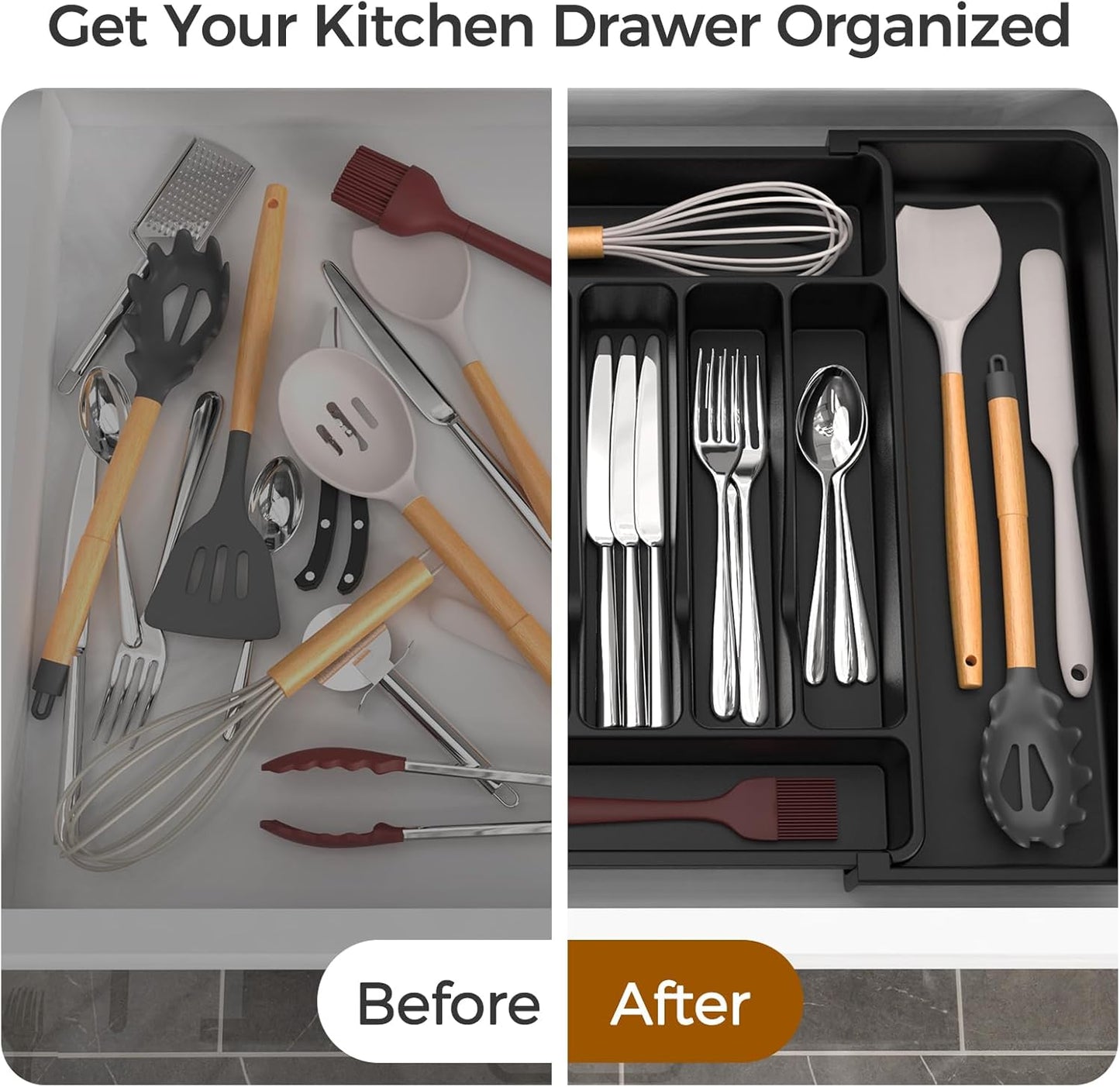 Extra Large Expandable Silverware Organizer, Bpa-Free Food-Safe Cutlery Flatware Organizer, Kitchen Utensil Drawer Organizer, Adjustable Silverware Holder for Spoons Forks , Black