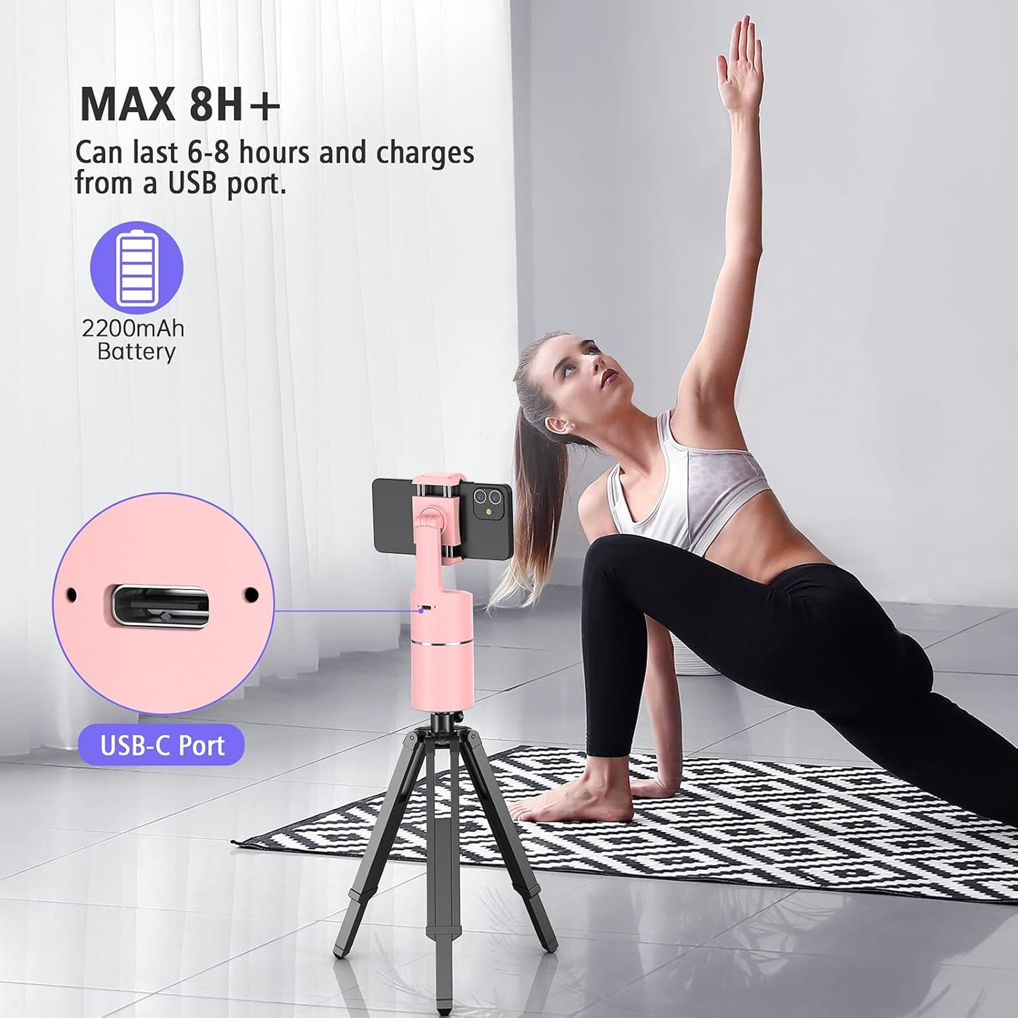 Auto Face Tracking Phone Holder | 360° Rotation Smart Shooting Tripod with Rechargeable Battery | No App Required | Live Streaming, Vlogging & Video Recording Mount (Pink)