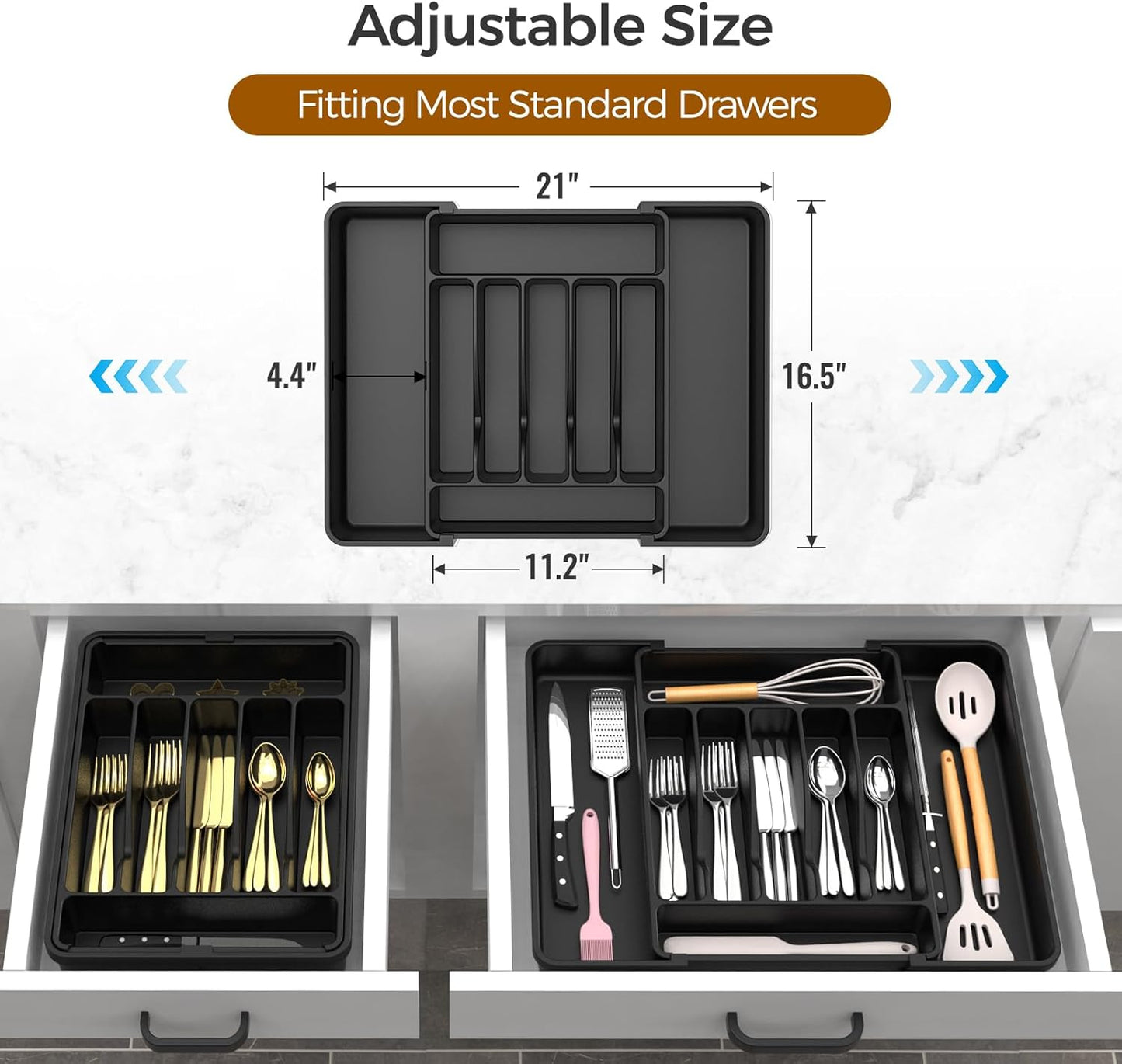 Extra Large Expandable Silverware Organizer, Bpa-Free Food-Safe Cutlery Flatware Organizer, Kitchen Utensil Drawer Organizer, Adjustable Silverware Holder for Spoons Forks , Black