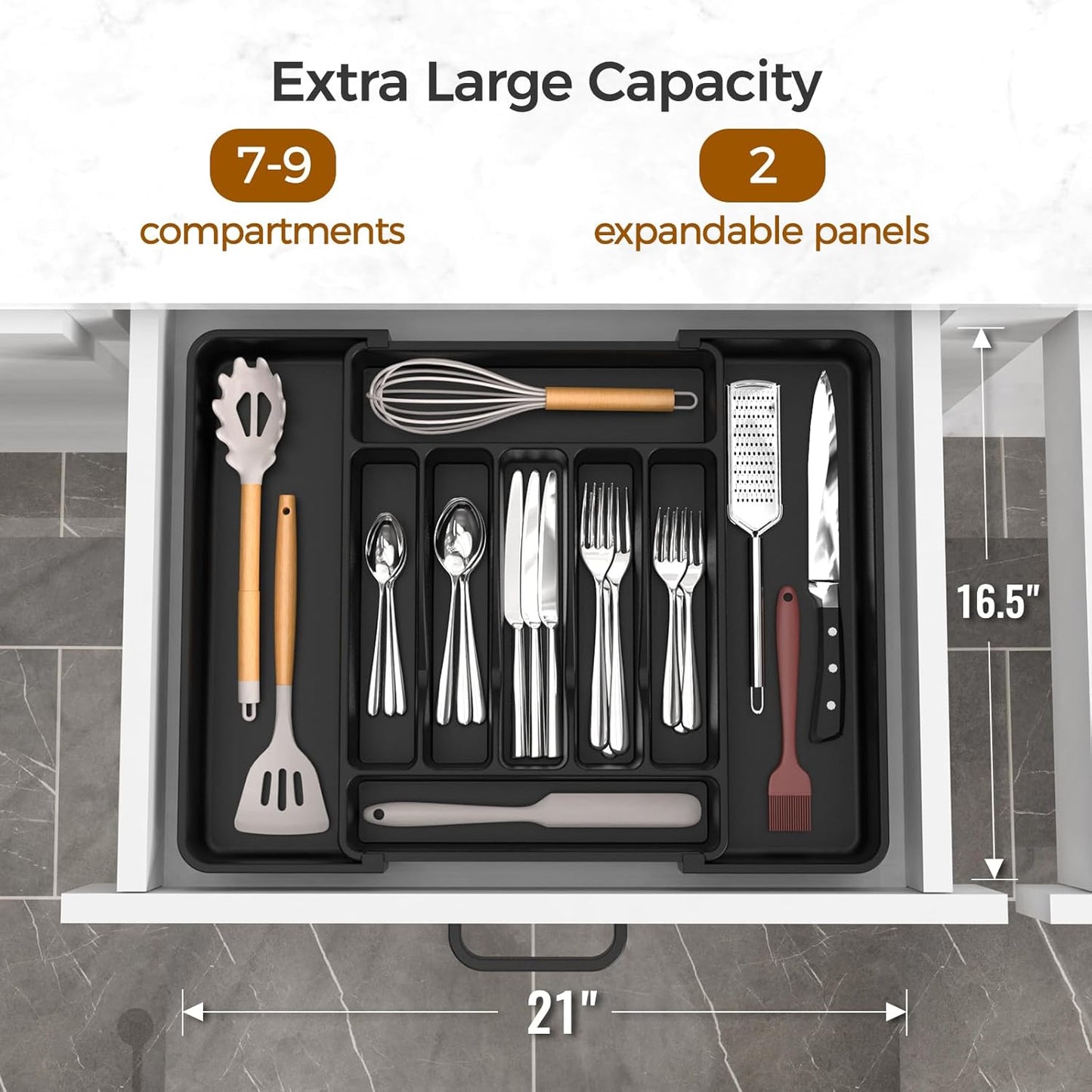 Extra Large Expandable Silverware Organizer, Bpa-Free Food-Safe Cutlery Flatware Organizer, Kitchen Utensil Drawer Organizer, Adjustable Silverware Holder for Spoons Forks , Black