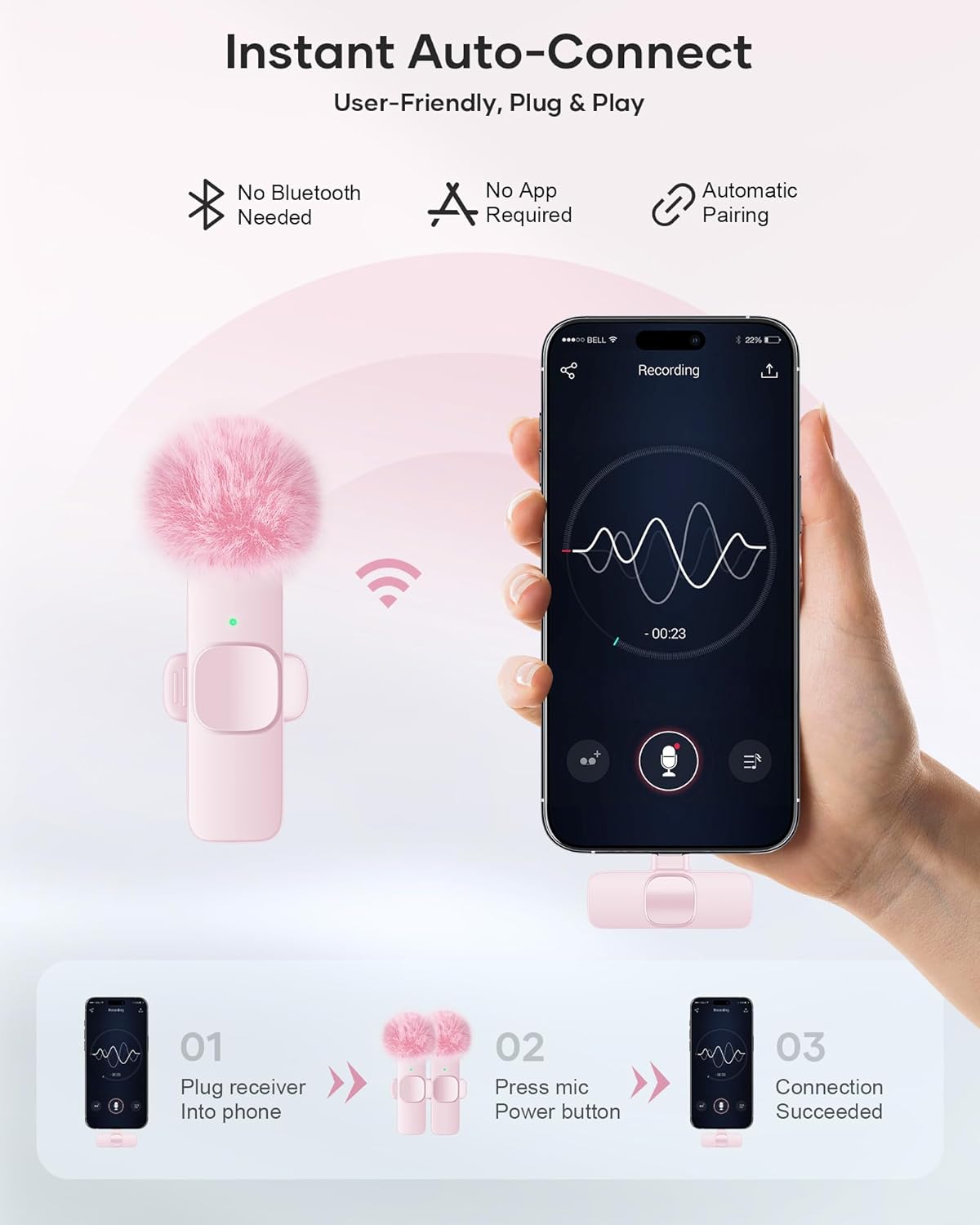 Wireless Lavalier Microphone for iPhone, iPad & Android | 2-Pack Plug & Play Lapel Mics with Noise Reduction for Video Recording, Interviews, Podcasts, Vlogs, YouTube & TikTok (Pink)