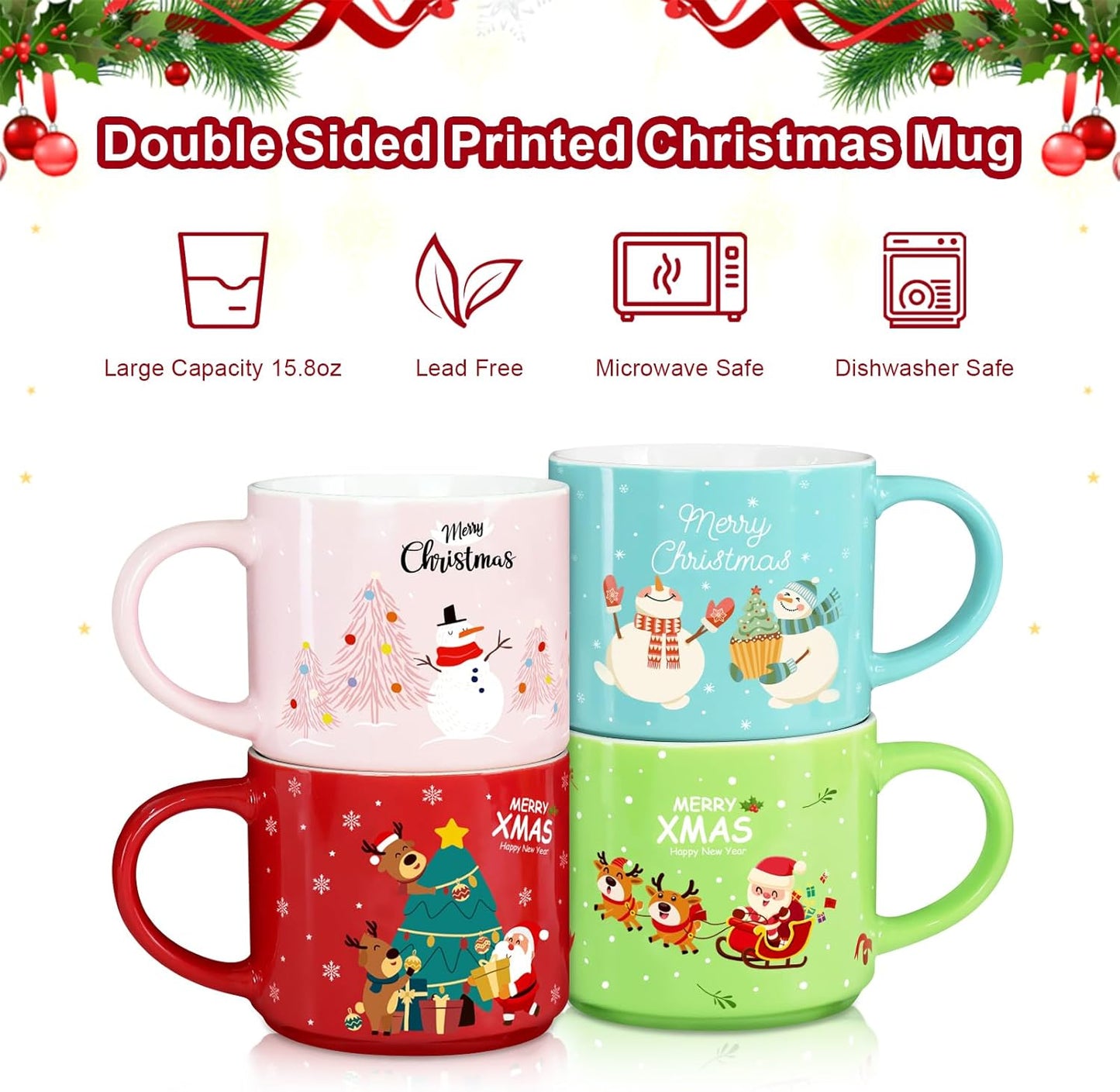 Set of 4 Stackable Christmas Mugs, 15.8 Oz Coffee Mug with Stand, Holiday Hot Cocoa Mugs for Mom Family Colleagues Friend & Farmhouse Cocoa Tray Decor