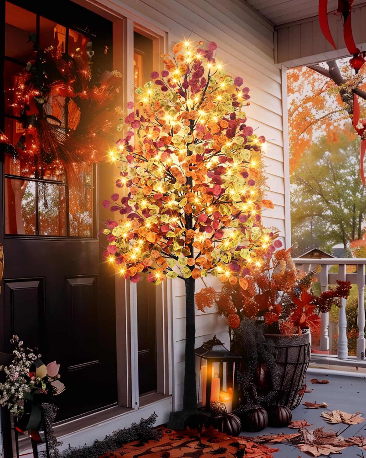 6FT 96LED Lighted Fall Tree – Artificial Eucalyptus with 384 Leaves, 8 Modes, Timer & Dimmable Lights for Thanksgiving, Autumn & Halloween Décor (Indoor/Outdoor)