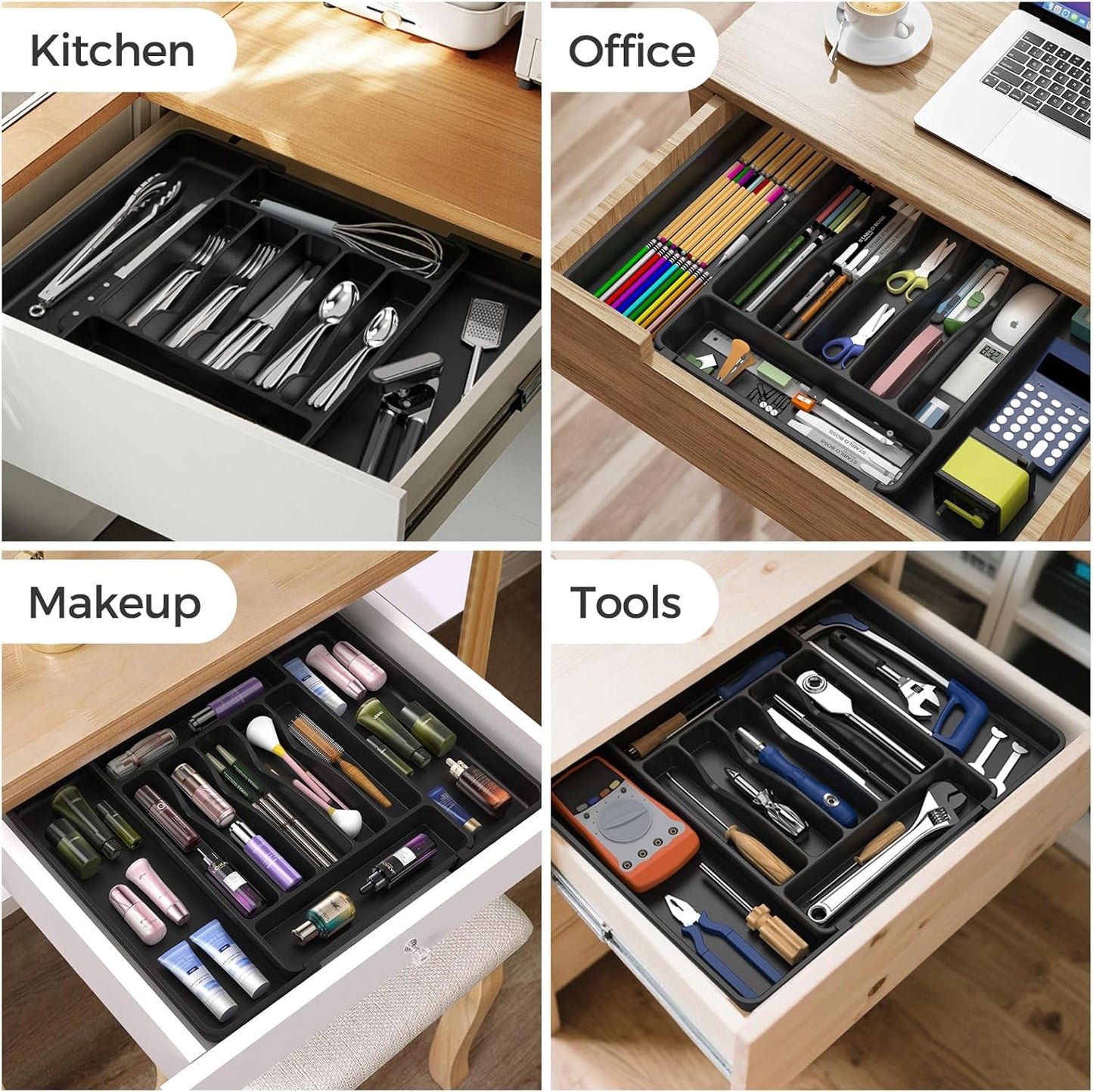 Extra Large Expandable Silverware Organizer, Bpa-Free Food-Safe Cutlery Flatware Organizer, Kitchen Utensil Drawer Organizer, Adjustable Silverware Holder for Spoons Forks , Black
