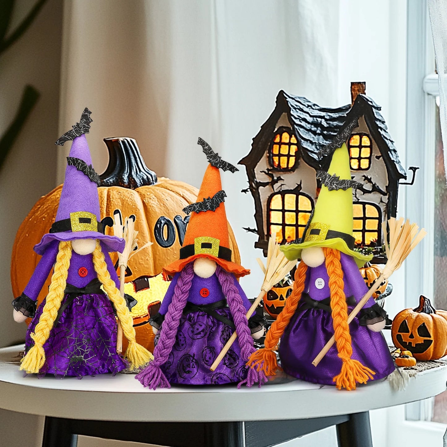 ✨ Hocus Pocus Halloween Gnomes – 3 Pc Handmade Witch Tomte Plush | Tiered Tray & Tabletop Decor | Spooky Cute Scandinavian Elf Decorations