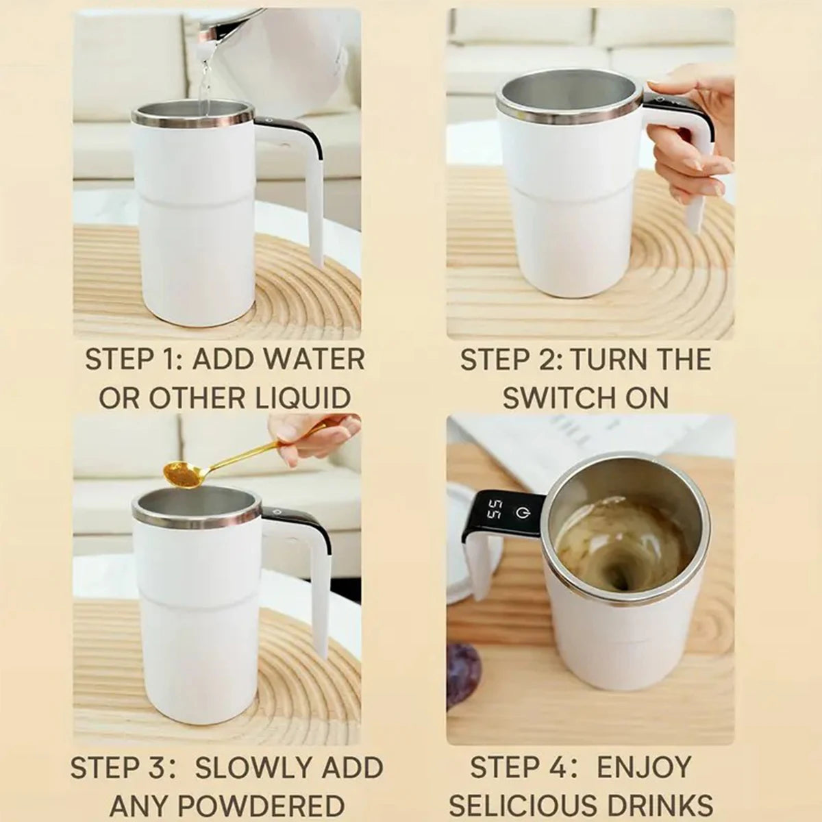 elf-Stirring Coffee Mug, USB Rechargeable, Temp Display, 304 Steel, 200mAh