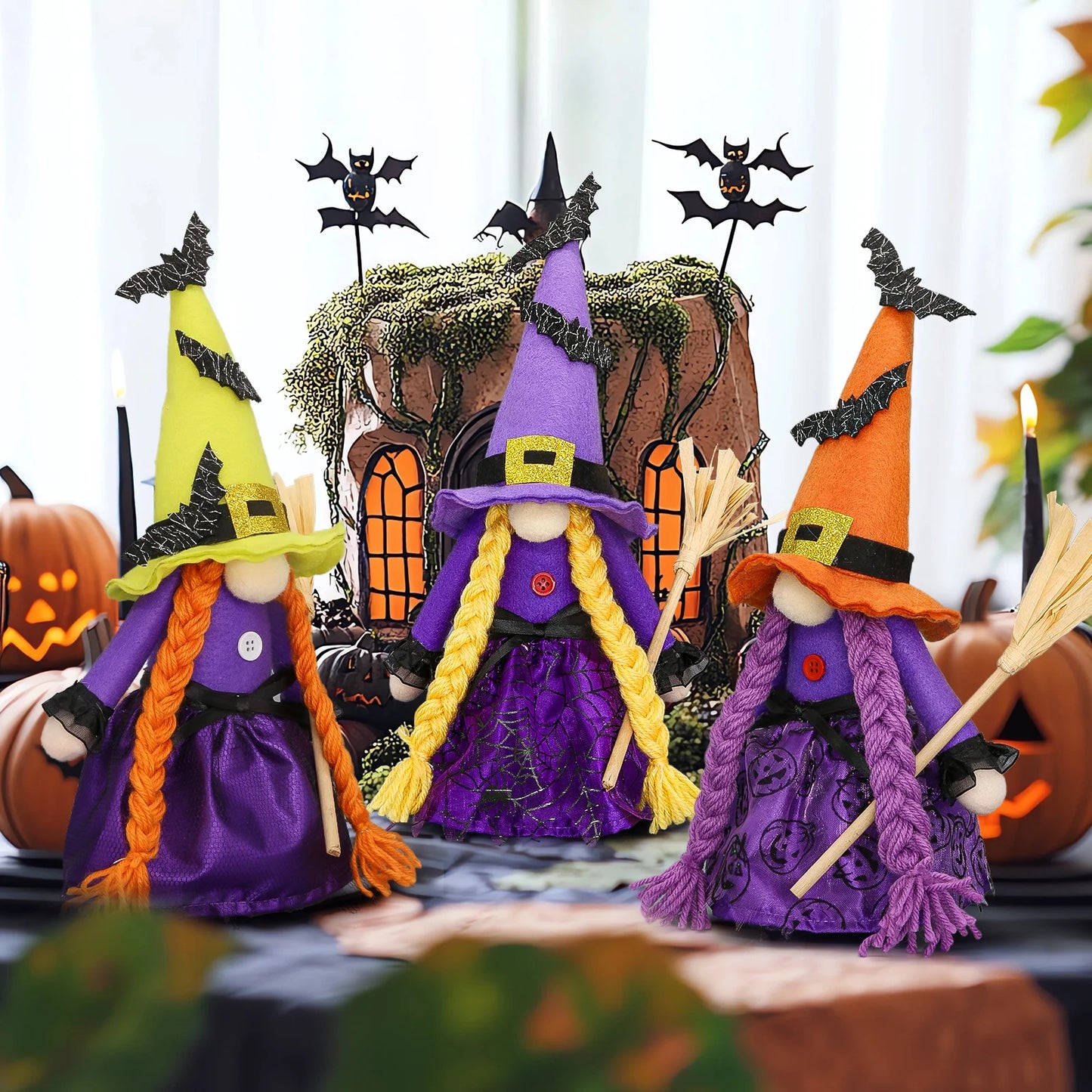 ✨ Hocus Pocus Halloween Gnomes – 3 Pc Handmade Witch Tomte Plush | Tiered Tray & Tabletop Decor | Spooky Cute Scandinavian Elf Decorations