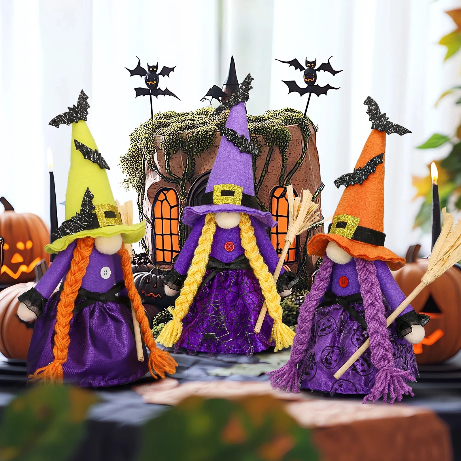 ✨ Hocus Pocus Halloween Gnomes – 3 Pc Handmade Witch Tomte Plush | Tiered Tray & Tabletop Decor | Spooky Cute Scandinavian Elf Decorations