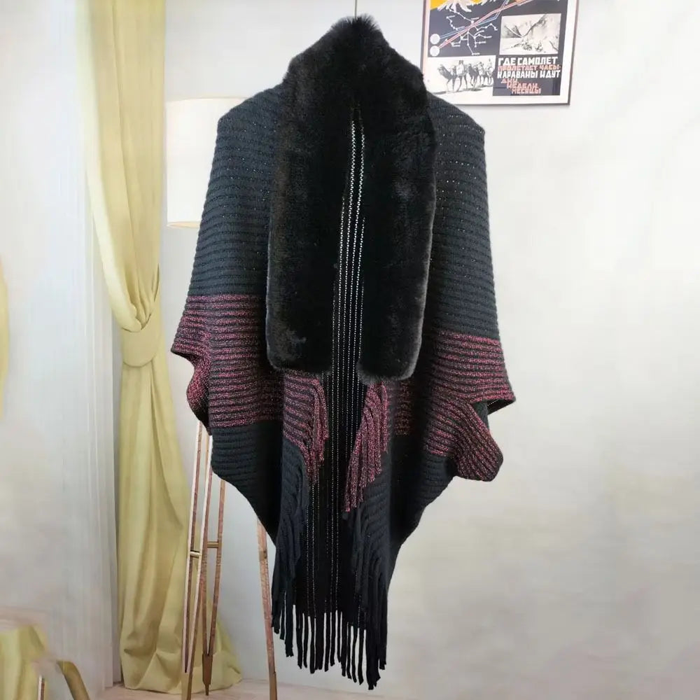 Winter Cape Cardigan 🧣 Faux Fur Collar Warm Knit Shawl Wrap for Women