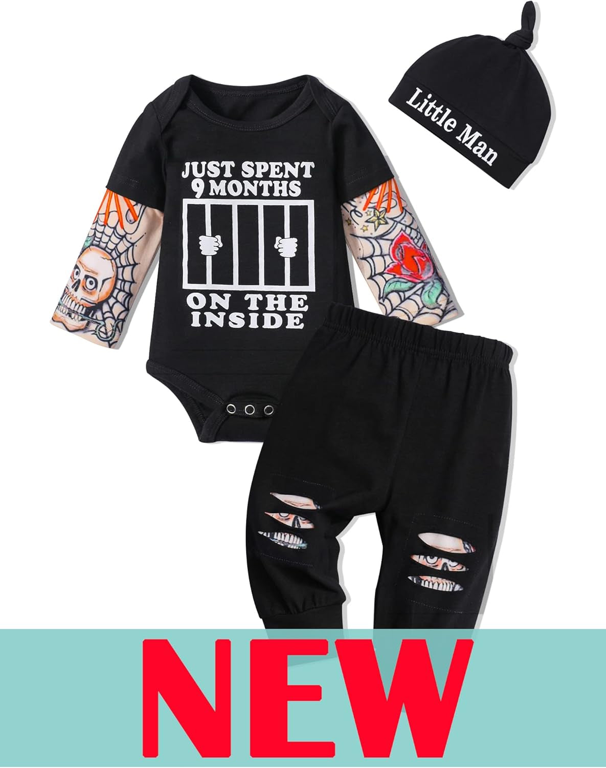 Baby Boy 3-Piece Outfit – Tattoo Sleeve Romper, Pants & Funny Bodysuit Set