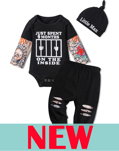 Baby Boy 3-Piece Outfit – Tattoo Sleeve Romper, Pants & Funny Bodysuit Set