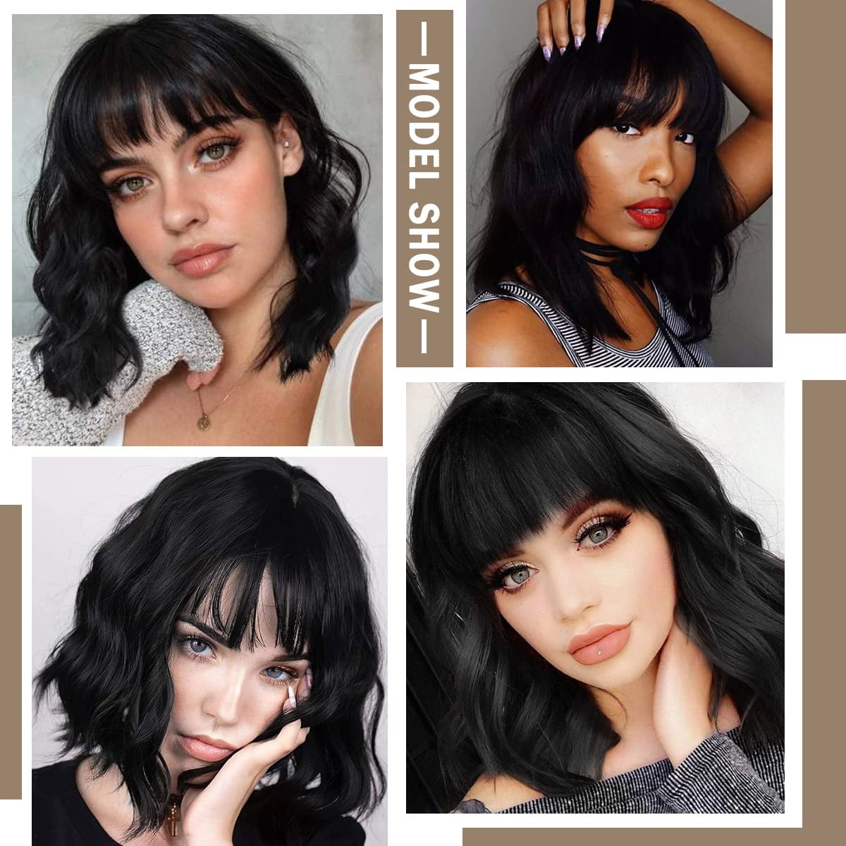 Short Bob Wig with Bangs – 12'' Water Wave Synthetic Black Wig for Women