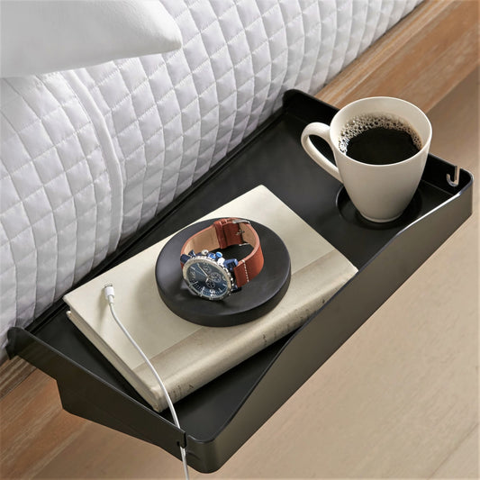 Bedside Shelf for Bed, College Dorm Room, Bunk Bed Shelf for Top Bunk, Clip on Nightstand Tray with Cord and Cup Holder, Bunkbed Caddy for Table Storage (Black)