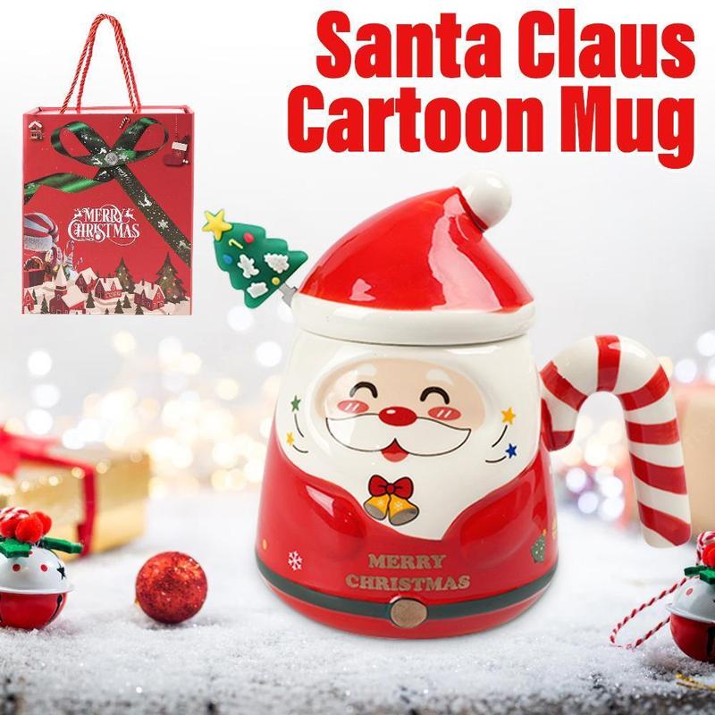 Cute Christmas Ceramic Coffee Mug with Lid Coffee Spoon, Christmas Birthday Lovely Cup Best Gift, Creative Cartoon Santa Claus Cup Ceramic Christmas Holiday Gift Drinking Mugs, Christmas Gift