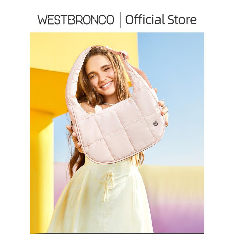 WESTBRONCO Fallfreshness Small Puffer Crescent Shoulder Bag for Women Quilted Nylon Waterproof with Side Pocket for Cans Lightweight Travel Gym Purse for FALL