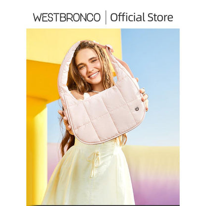 WESTBRONCO Fallfreshness Small Puffer Crescent Shoulder Bag for Women Quilted Nylon Waterproof with Side Pocket for Cans Lightweight Travel Gym Purse for FALL