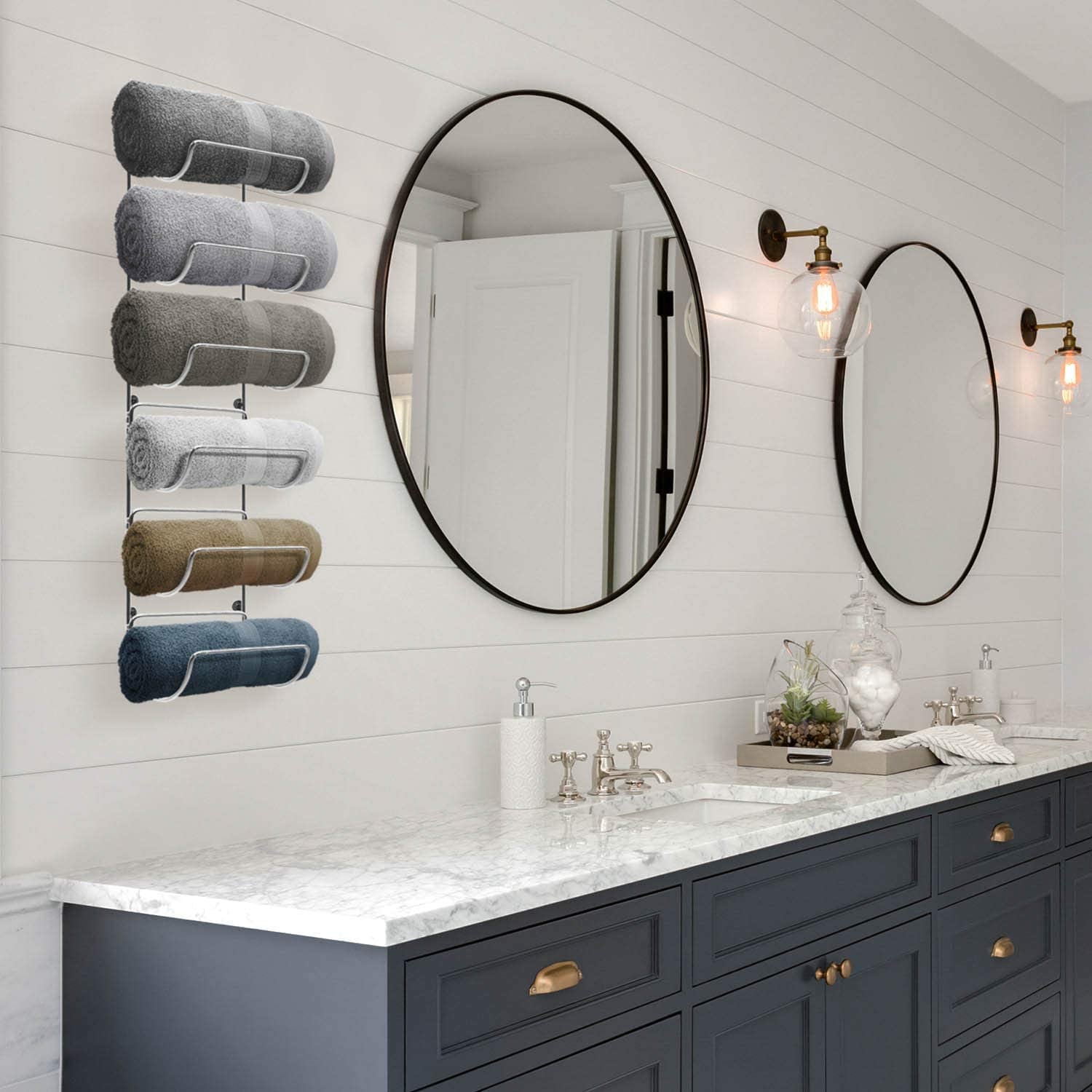 Towel Rack Wall Mount – 6 Compartments of Silver Metal Towel Holder for Bathroom Decor Sets