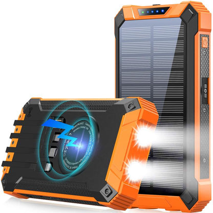 GNC W22 Solar Power Bank: 15W Fast Charging, 4 Built-In Cables, 6 Outputs, 3 Inputs, Solar Charging, Dual Flashlights, Carabiner, Fits All Devices.