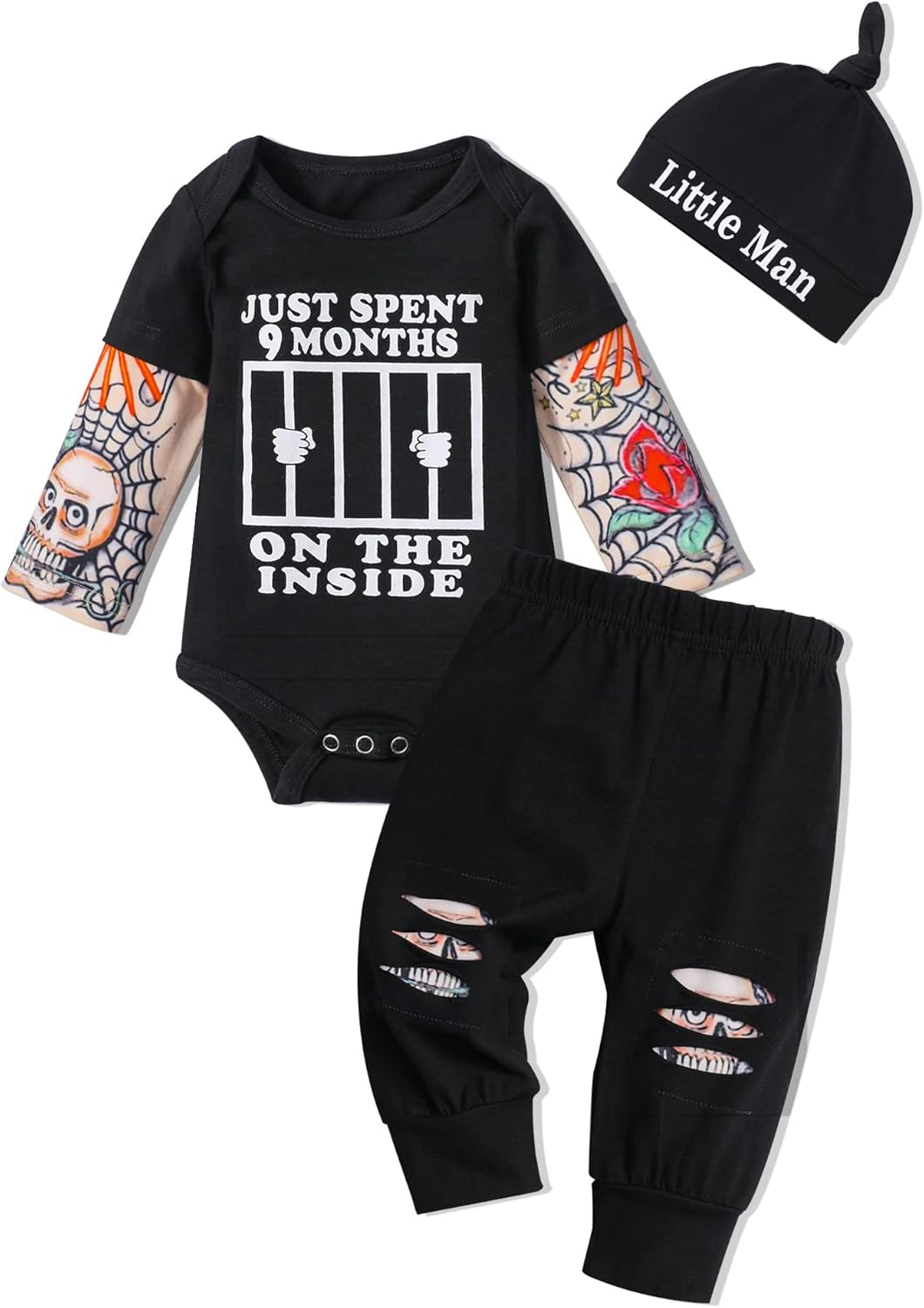 Baby Boy 3-Piece Outfit – Tattoo Sleeve Romper, Pants & Funny Bodysuit Set