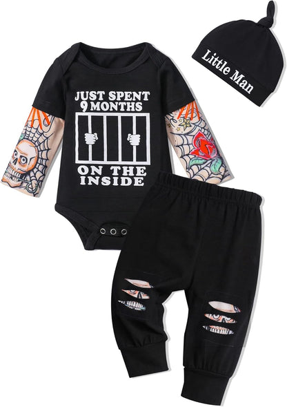Baby Boy 3-Piece Outfit – Tattoo Sleeve Romper, Pants & Funny Bodysuit Set