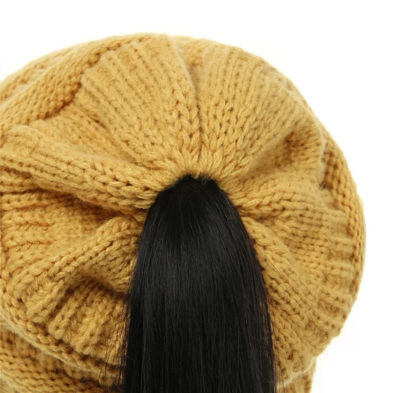 New Women Autumn Winter Ponytail Beanie Hat Solid Color Lady Stretch Knitted Crochet Beanies Hat Cap for Women