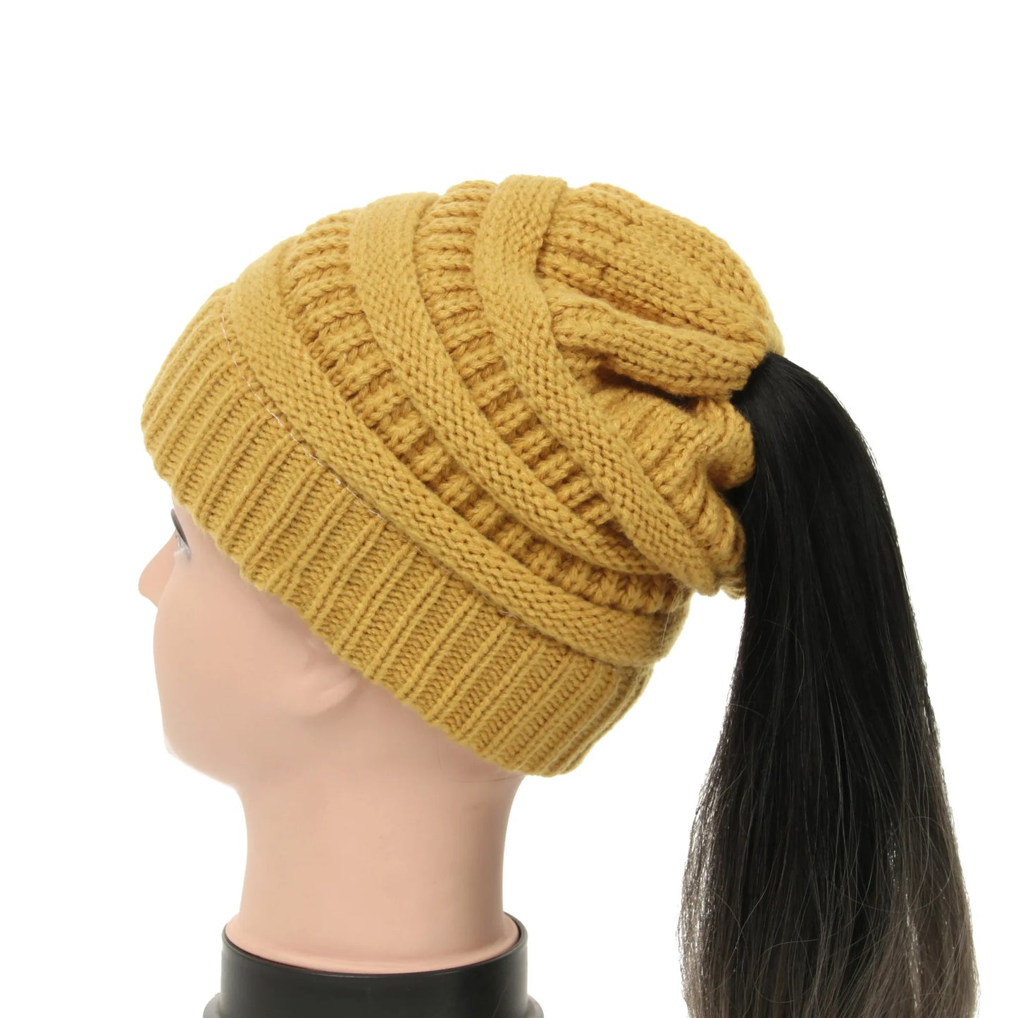 New Women Autumn Winter Ponytail Beanie Hat Solid Color Lady Stretch Knitted Crochet Beanies Hat Cap for Women
