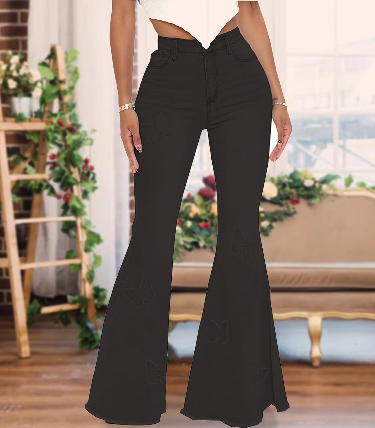 Women’s High-Waisted Bell Bottom Jeans – Flare Leg Ripped Classic Denim Pants