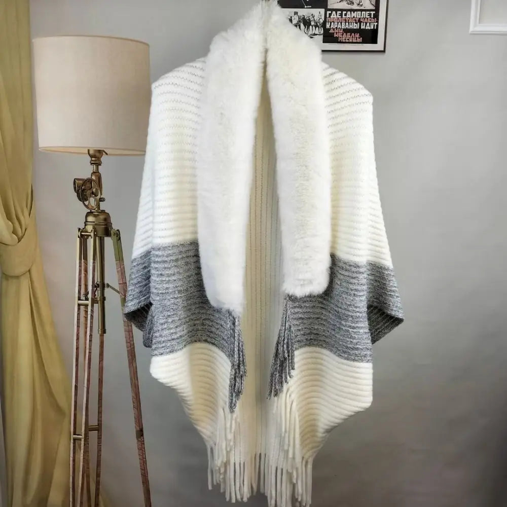 Winter Cape Cardigan 🧣 Faux Fur Collar Warm Knit Shawl Wrap for Women