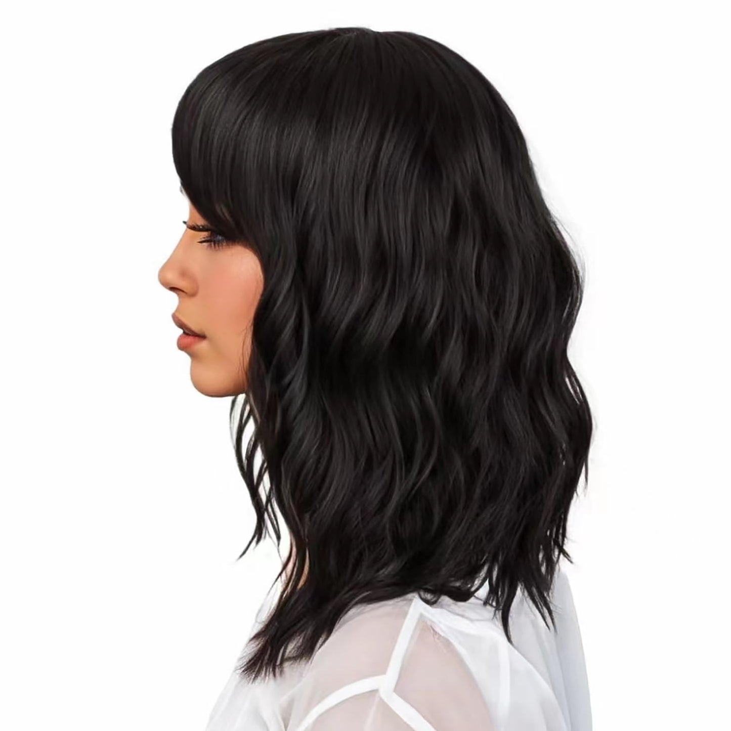 Short Bob Wig with Bangs – 12'' Water Wave Synthetic Black Wig for Women