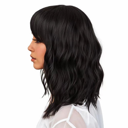 Short Bob Wig with Bangs – 12'' Water Wave Synthetic Black Wig for Women