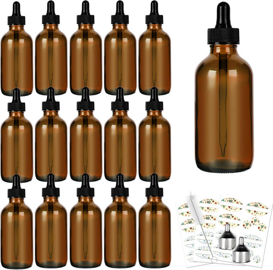 16 Pack (120 Ml) 4 Oz Amber Glass Boston Bottles with Glass Eye Droppers, Dropper Bottles for Essential Oils & Lab Chemicals & More Liquids Ideal for Mom & Friends