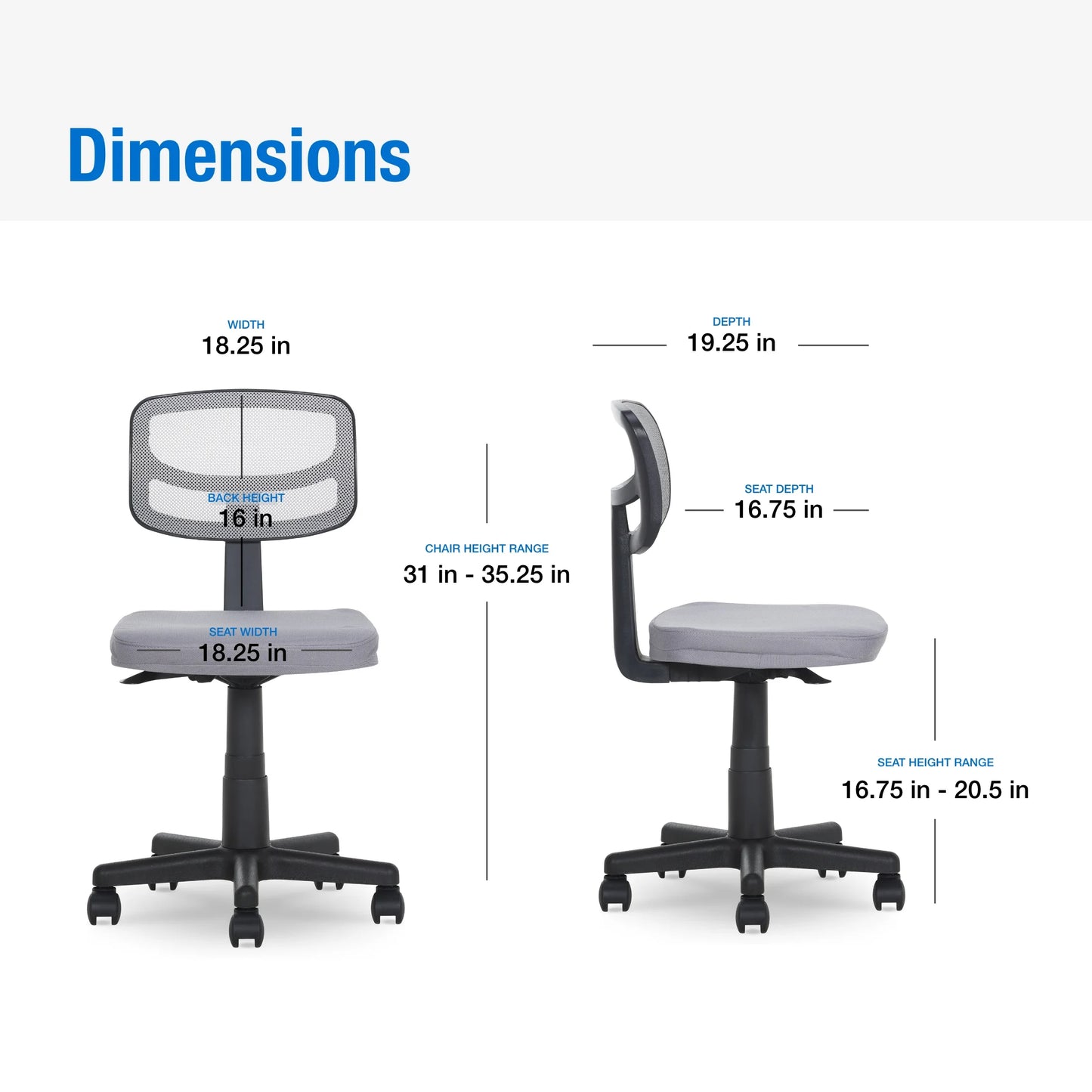 Mesh Task Chair with Padded Seat, Teens and Adult, Gray/Gray