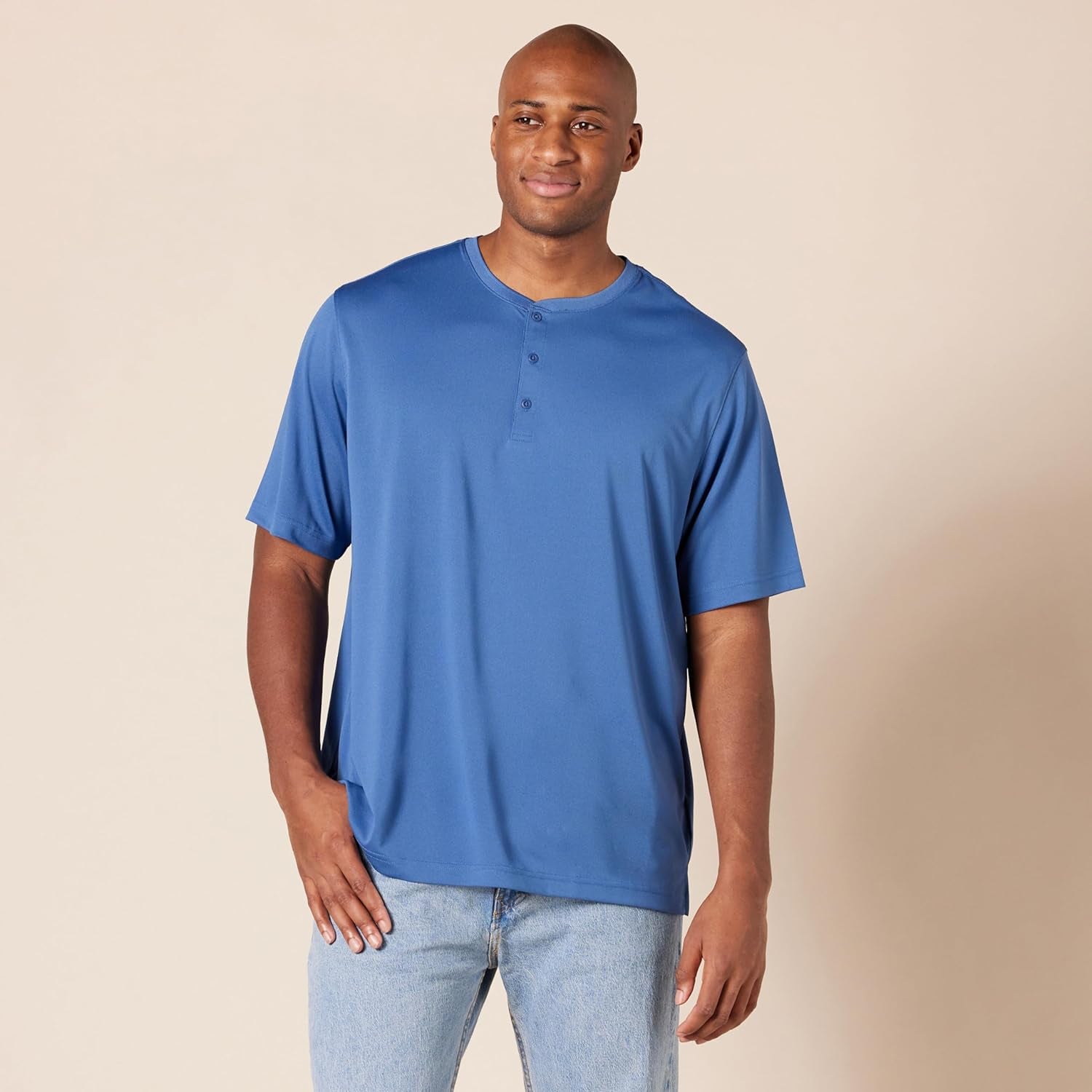 Essentials Henley Shirts for Men, Short Sleeve, Quick-Dry Jersey, Regular-Fit, 2-Pack