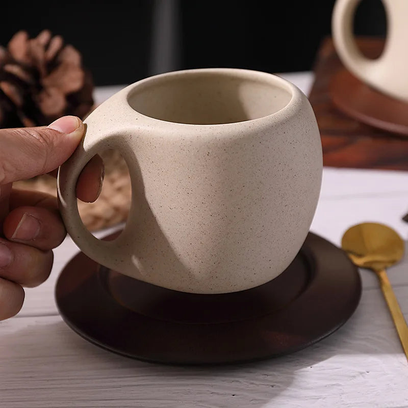 Ceramic Coffee Cup and Saucer Set Retro Latte American Coffee Cup Wooden Coasters Tea Cups Spoon Flower Cups.