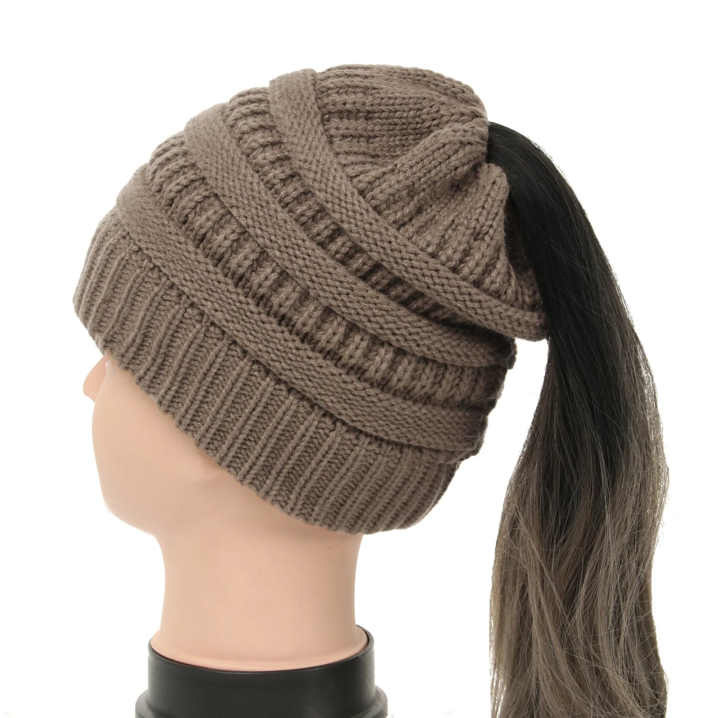 New Women Autumn Winter Ponytail Beanie Hat Solid Color Lady Stretch Knitted Crochet Beanies Hat Cap for Women