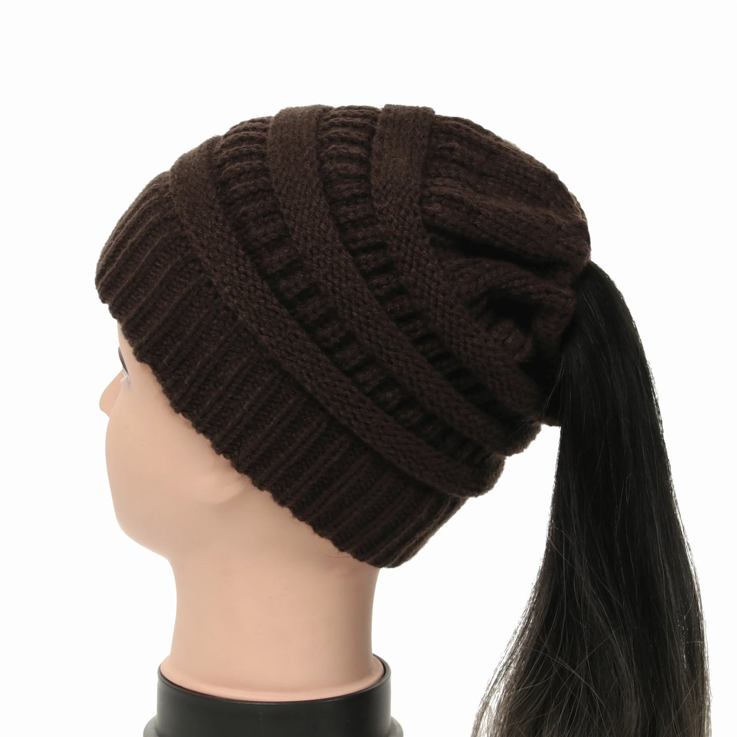 New Women Autumn Winter Ponytail Beanie Hat Solid Color Lady Stretch Knitted Crochet Beanies Hat Cap for Women