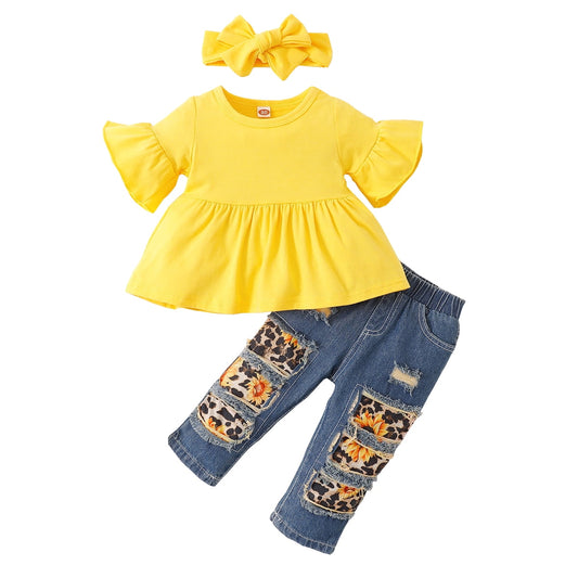 Baby Girl 3-Piece Outfit – Flared Sleeve Top, Sunflower Jeans & Headband (3–6M)