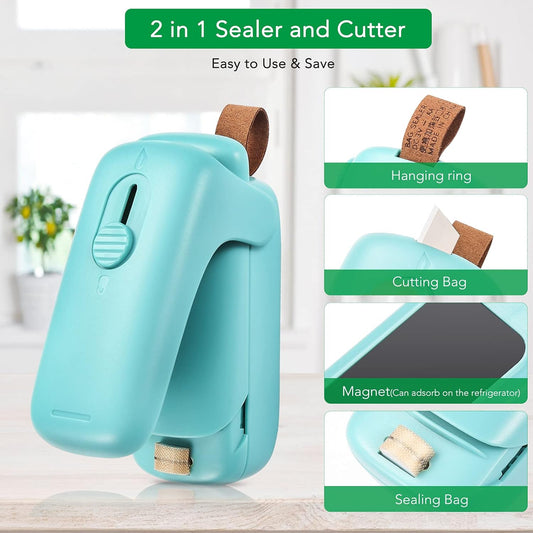 ✨ Mini Bag Sealer & Cutter – 2-in-1 Portable Heat Sealer for Chips, Snacks & Food Storage | Handheld Resealer for Plastic & Cereal Bags (Green)