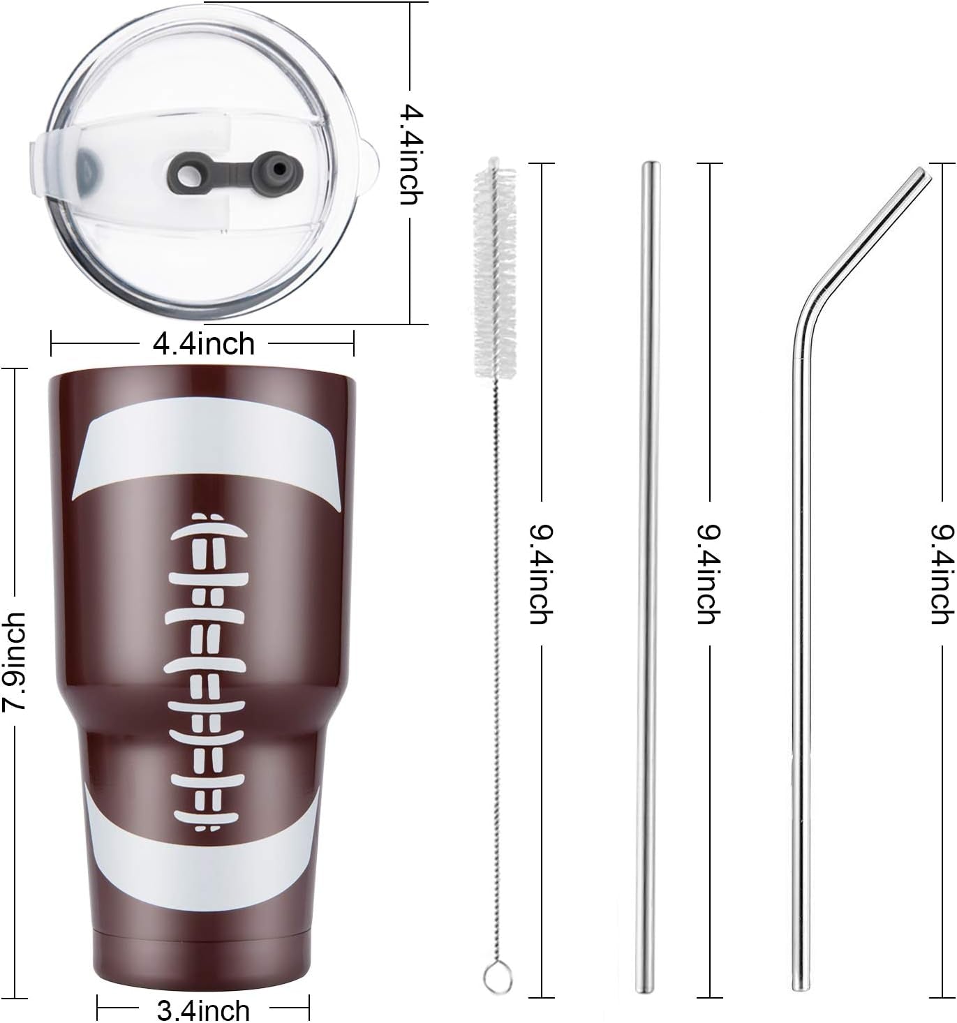 30oz Football Tumbler – Stainless Steel Double Wall Travel Mug w/ Lid & Straw
