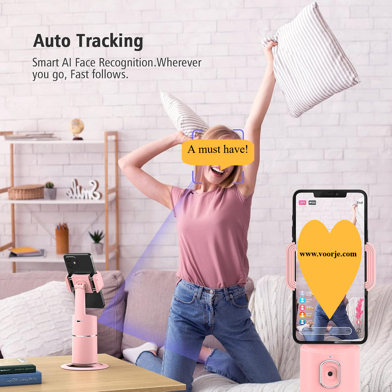 Auto Face Tracking Phone Holder | 360° Rotation Smart Shooting Tripod with Rechargeable Battery | No App Required | Live Streaming, Vlogging & Video Recording Mount (Pink)