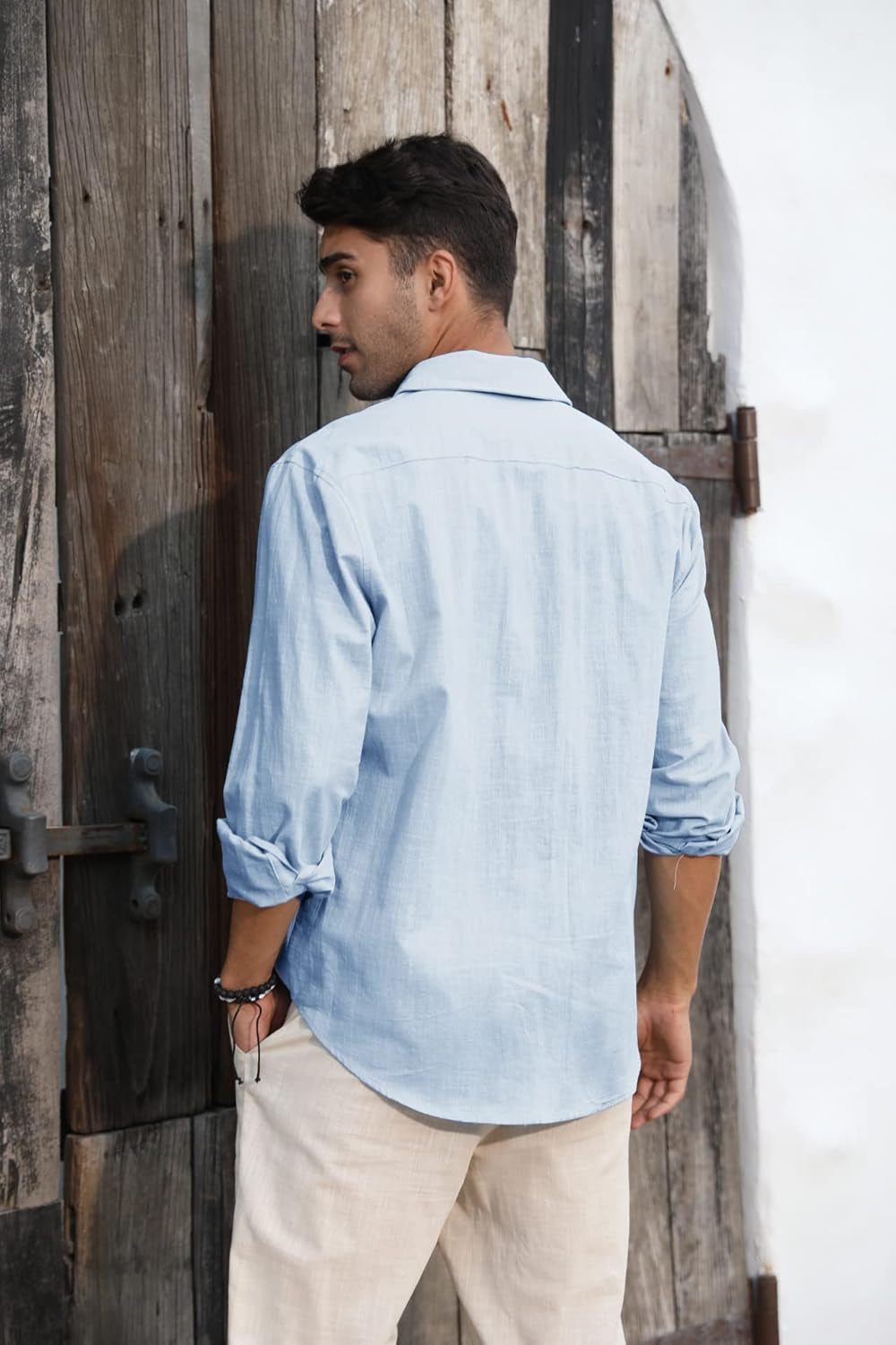 Men’s Linen Cotton Button-Down Shirt – Casual Long Sleeve, Lightweight Beach Top with Spread Collar